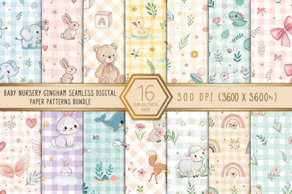 Download Baby Nursery Gingham Digital Paper Bundl - Gingham digital paper Collection